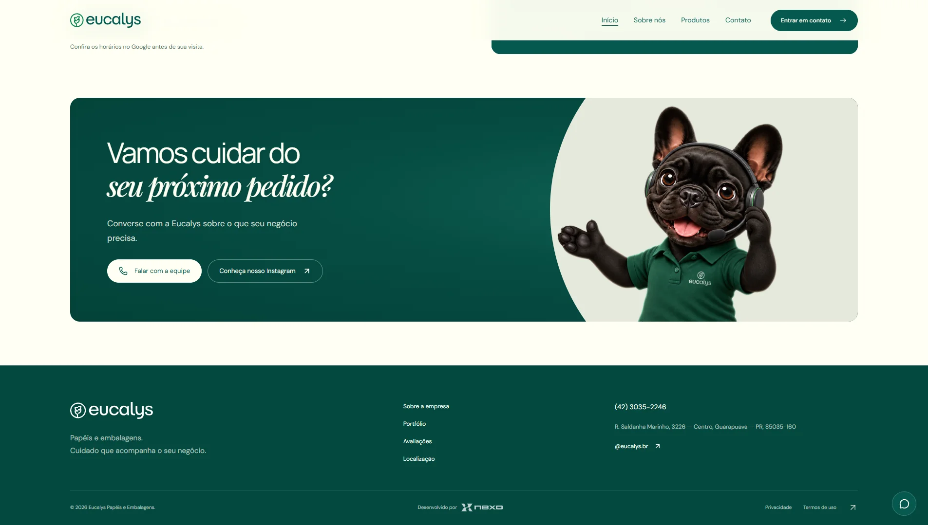 Área de contato e rodapé do site Eucalys